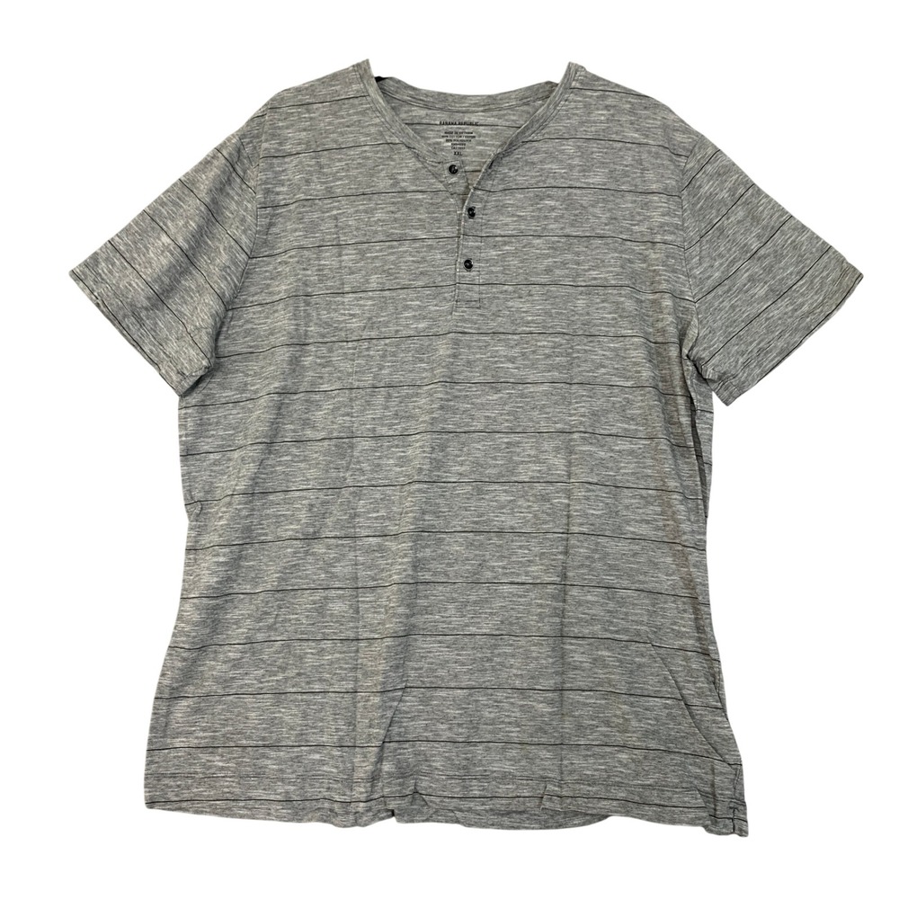 Banana Republic Men's XXL Gray Striped Henley T-Shirt Cotton Blend Short Sleeve